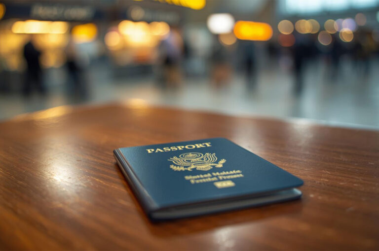 Close-up of a United States passport resting on a wooden table in a blurred airport terminal background, symbolizing international travel.