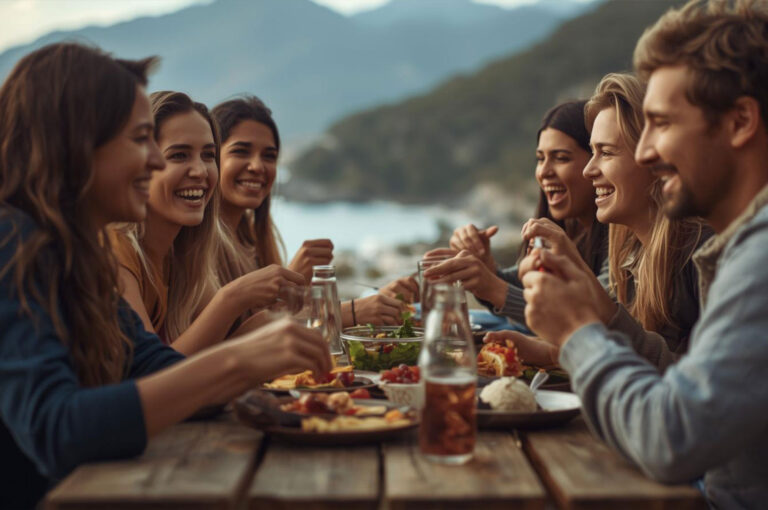 A group of friends enjoying a meal together at an outdoor table by a lake.