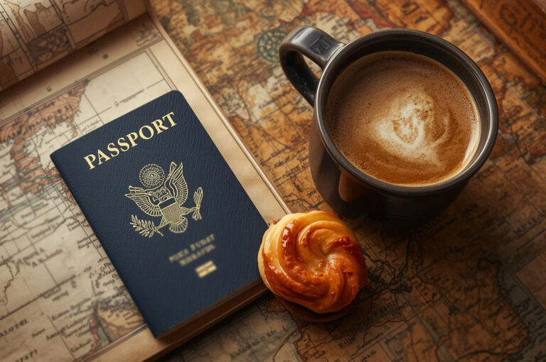 Overhead view of an passport, a hot coffee cup with latte art, and a pastry on an antique world map, suggesting travel planning and food journey.