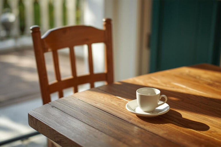 A white coffee cup and saucer sit on a rustic wooden table, illuminated by warm sunlight streaming across the surface next to a wooden chair.