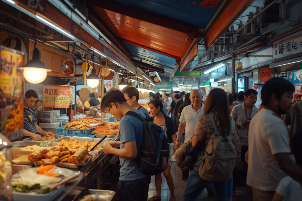 A bustling night market scene with a long food stall display, showing various fried snacks and dishes, attended by a diverse crowd of patrons and vendors.