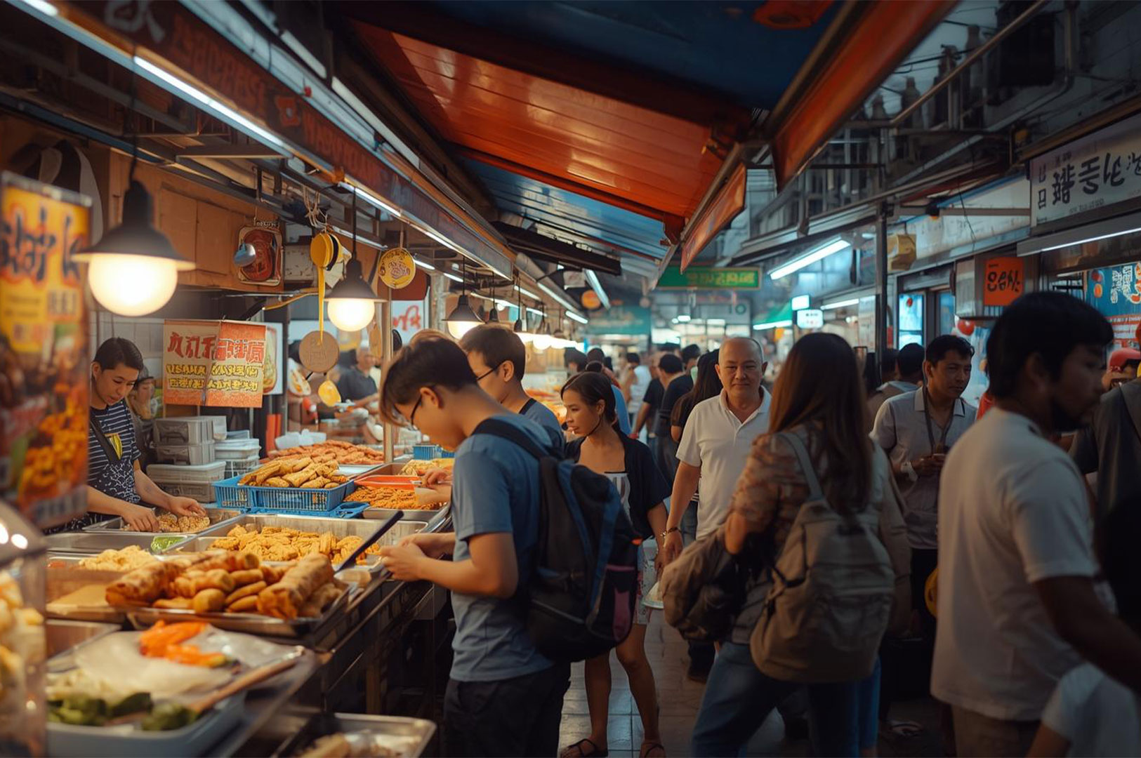A bustling night market scene with a long food stall display, showing various fried snacks and dishes, attended by a diverse crowd of patrons and vendors.