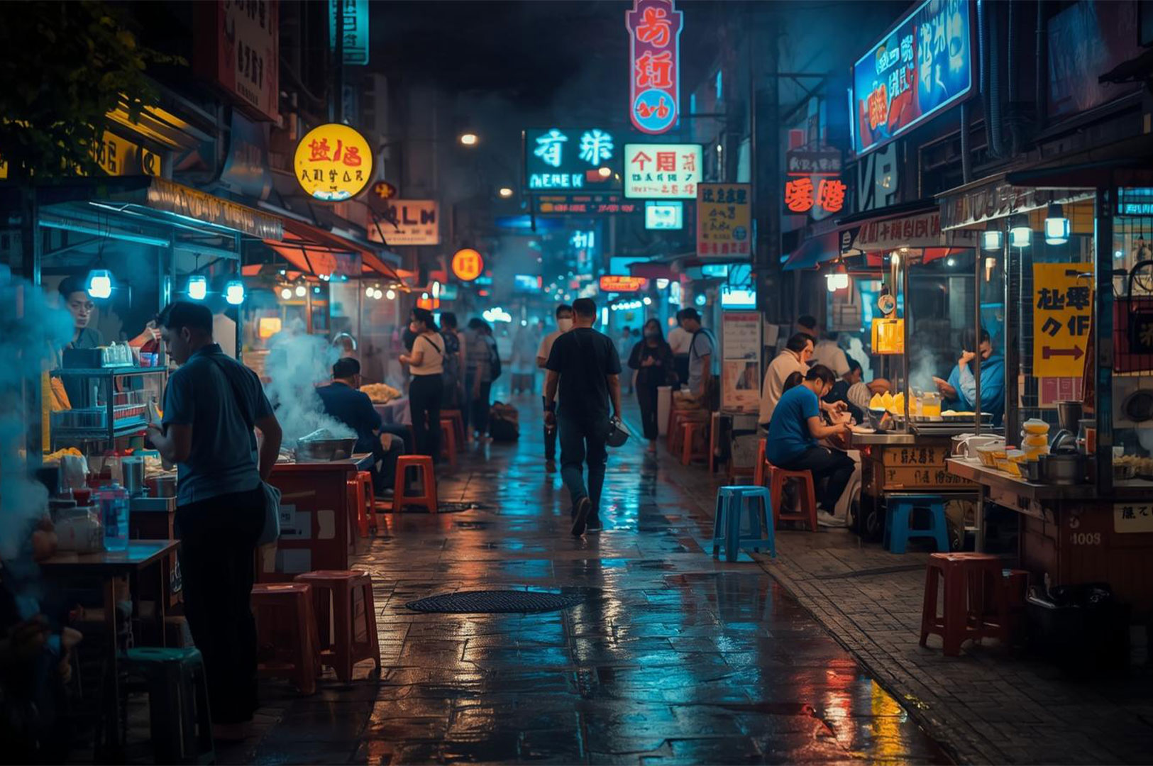 Atmospheric night scene of a neon-lit Asian street food market with a wet street reflecting the colorful signs and people eating at small tables.