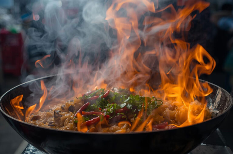 Dramatic close-up of a stir-fry dish in a wok being cooked over high heat, causing large flames to rise around the food and fresh garnishes.