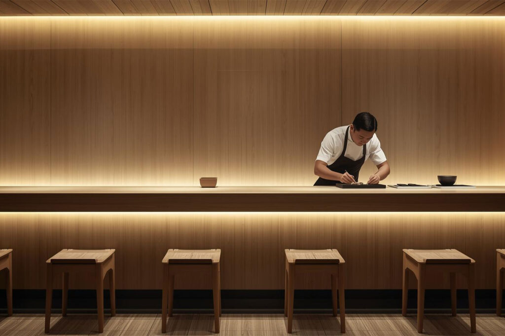 A minimalist, high-end Japanese sushi restaurant interior, featuring a chef preparing food behind a long, light wooden counter, with simple wooden stools lined up for patrons. The room is warmly lit by hidden LED strips.