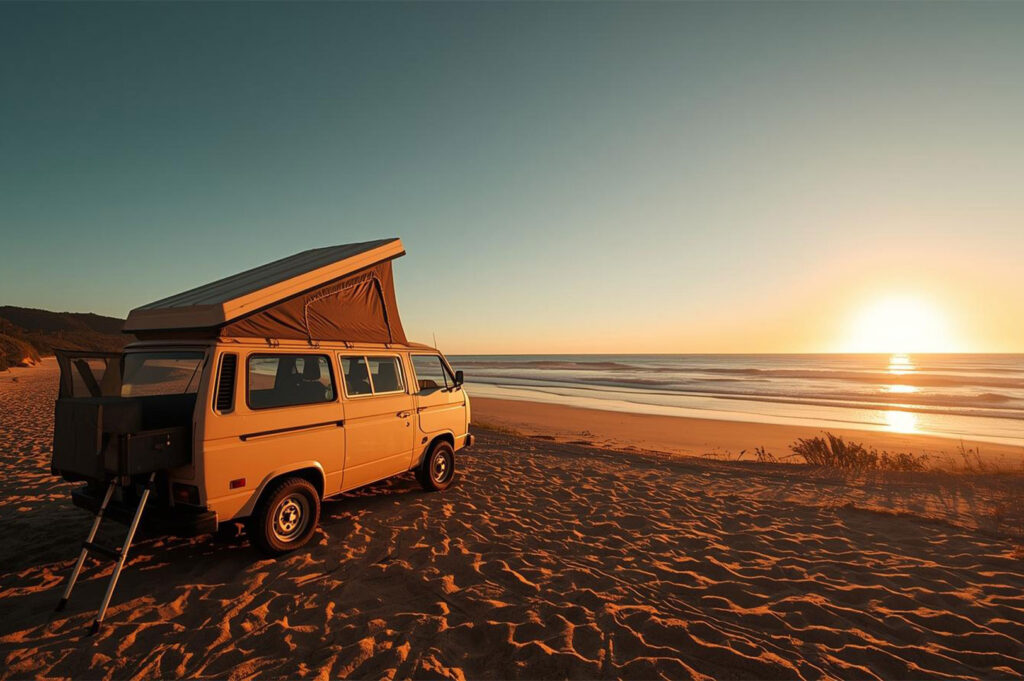 A vintage Volkswagen pop-top camper van parked on a sandy beach, bathed in the warm, orange light of sunset over the ocean.