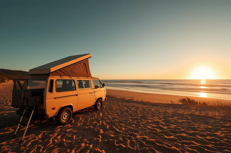 A vintage Volkswagen pop-top camper van parked on a sandy beach, bathed in the warm, orange light of sunset over the ocean.