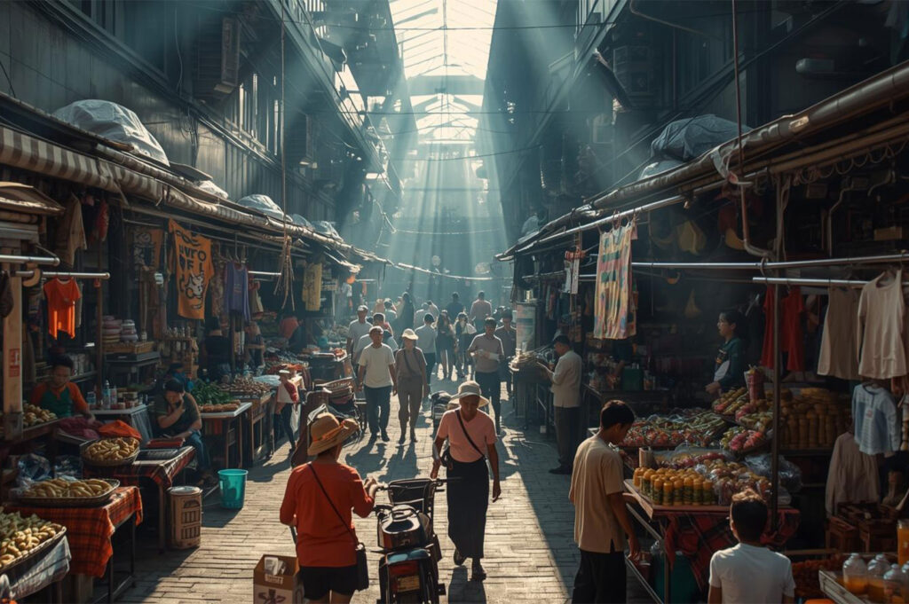 Bustling Asian indoor market or alleyway with vendors on both sides, featuring bright sun rays dramatically shining through the roof opening onto the people below.