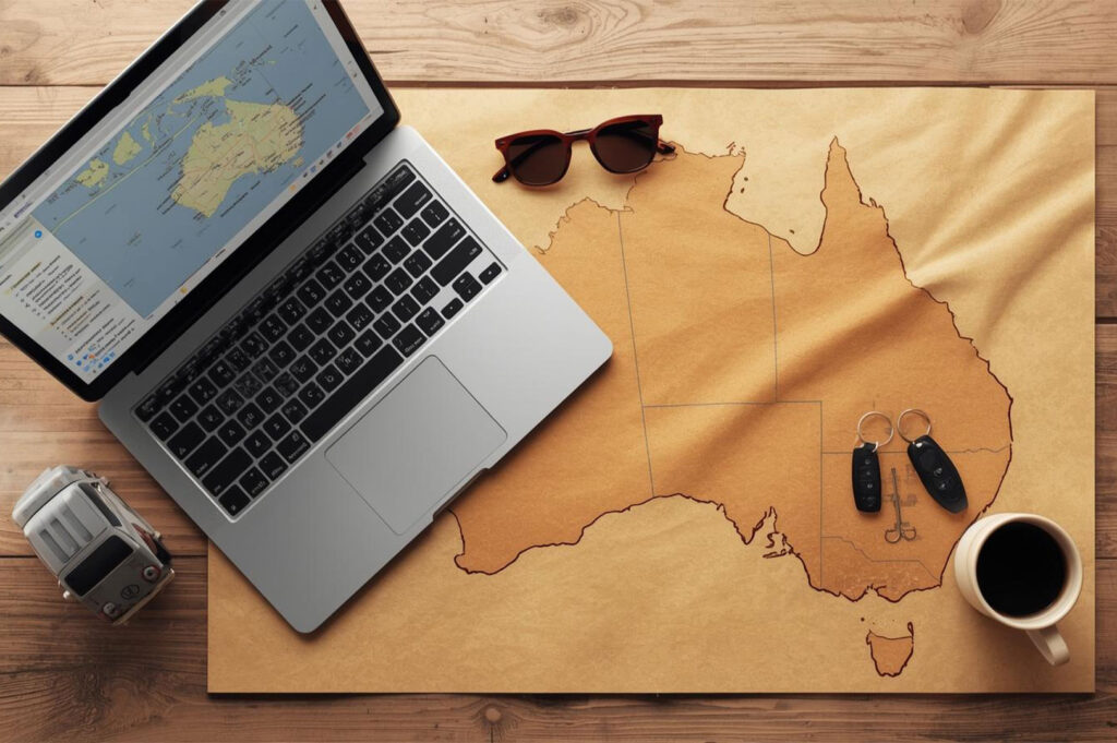 Overhead view of a laptop displaying a map of Australia, sunglasses, keys, and a coffee cup, representing travel planning for a road trip.
