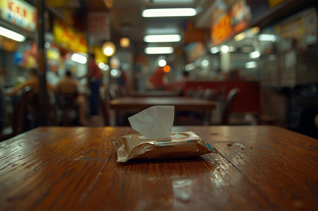 Close-up of a packet of tissue paper on a polished wooden table in a dimly lit hawker center or food court, with blurred tables in the background.