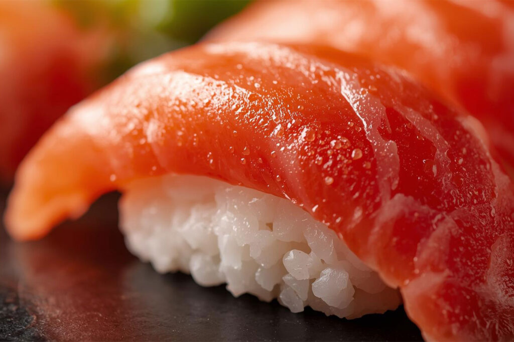 Extreme macro close-up of a piece of salmon nigiri sushi, showcasing the glossy texture and vibrant orange color of the fresh salmon filet draped over the white rice.