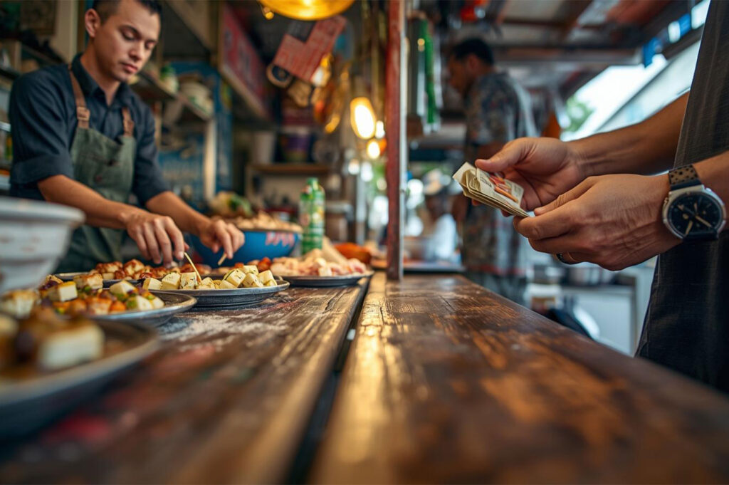 Close-up shot of a customer's hands paying cash to a street food vendor preparing skewers in the background, focusing on the rustic wooden counter.