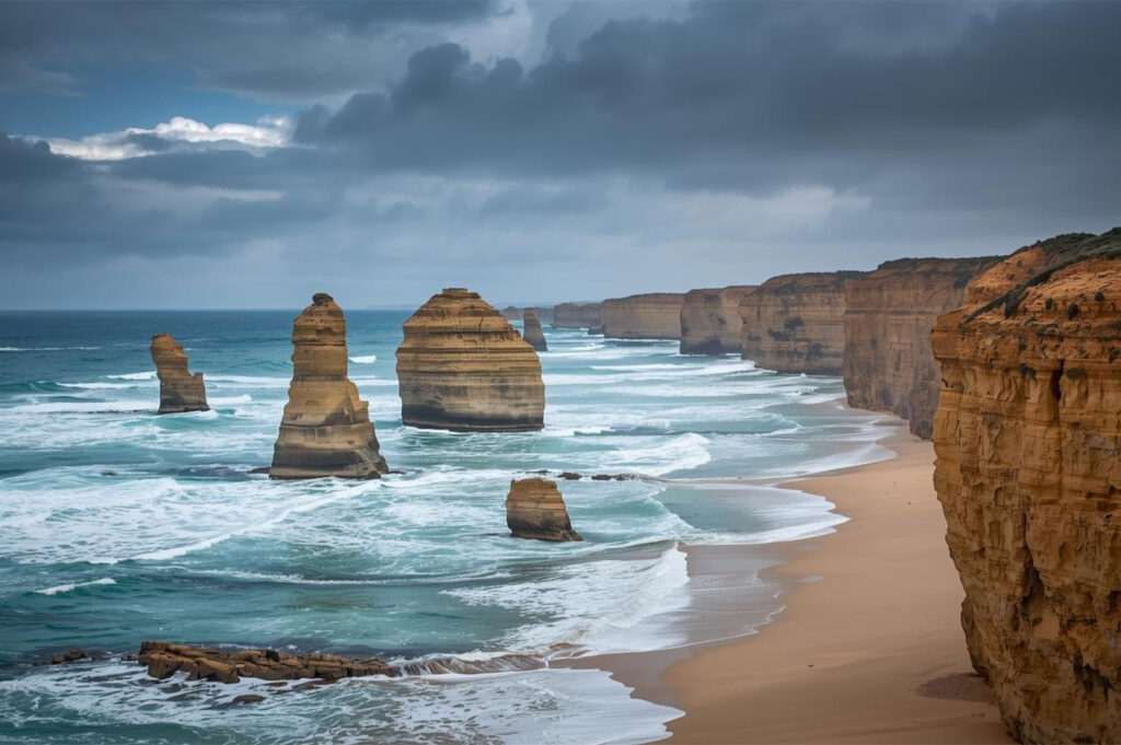 Dramatic view of the Twelve Apostles rock stacks along the rugged coastline of the Great Ocean Road in Victoria, Australia, under a cloudy sky.