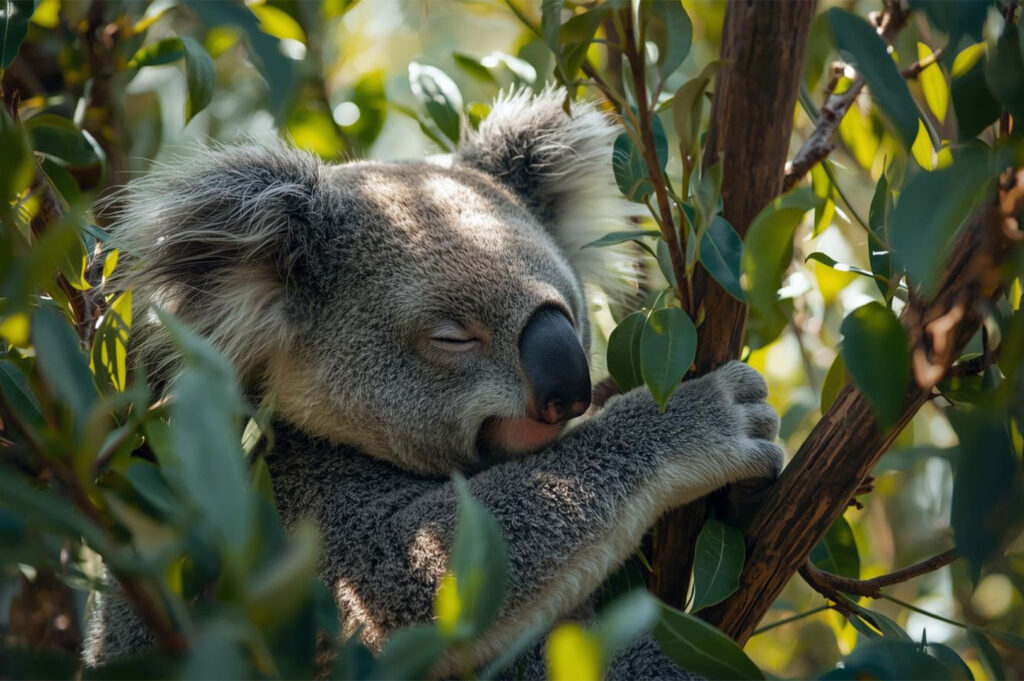 Close-up of a furry koala bear sleeping peacefully while clutching a branch in a eucalyptus tree, surrounded by bright green leaves.