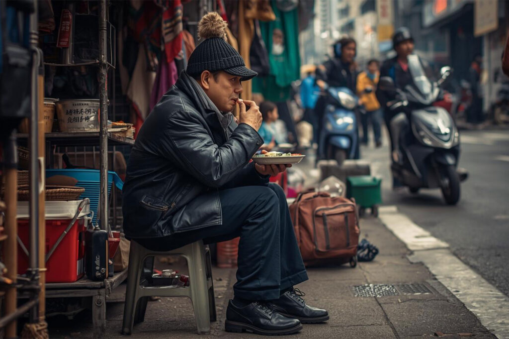 A man wearing a black leather jacket and a pom-pom beanie sits on a small stool on a busy sidewalk, eating a plate of food, with traffic visible in the blurred background.