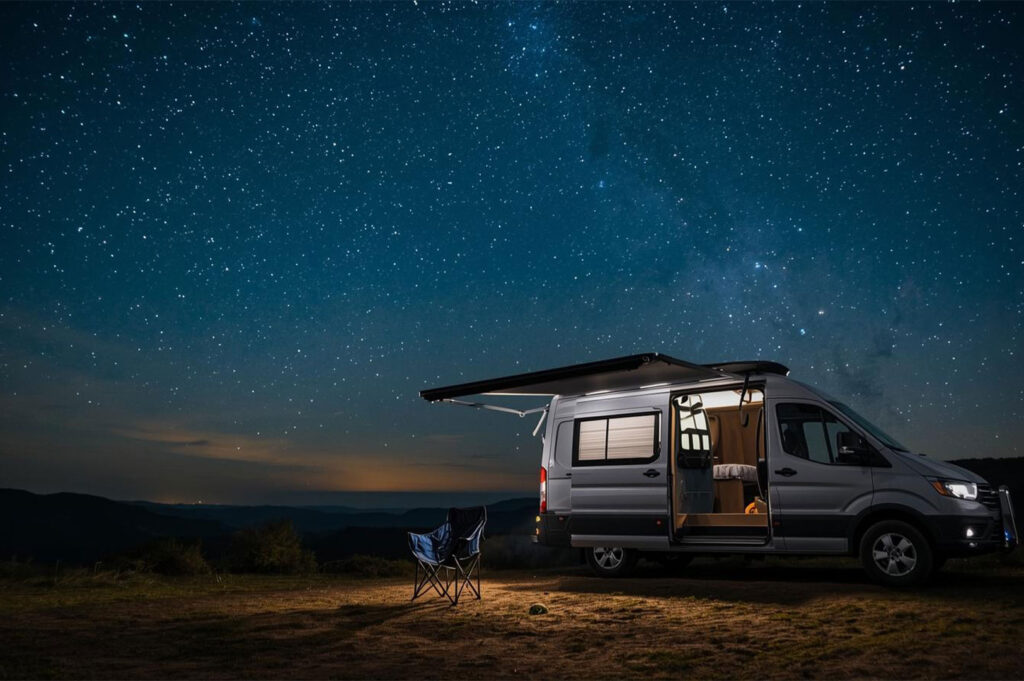 Modern silver camper van parked in a remote field at night with its side door open and awning extended, illuminated under a brilliant, starry sky.