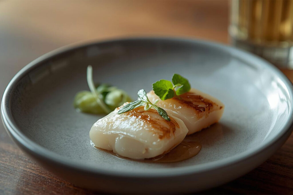 A pair of perfectly seared white scallops resting in a shallow pool of light sauce, garnished with a tiny sprig of fresh herb, served on a modern gray ceramic bowl in a fine dining setting.