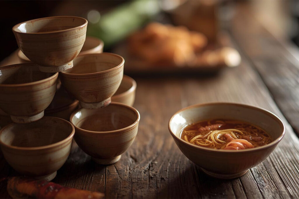 A small bowl of noodle soup with meat sits on a rustic wooden table next to a large stack of traditional, small, ceramic serving bowls.