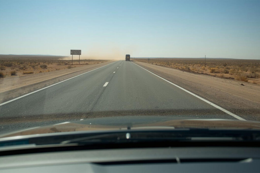 View from inside a car of a long, straight, empty highway stretching through a flat, arid desert landscape towards a distant truck.