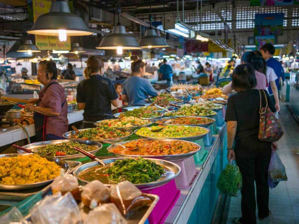 Rows of large metal trays filled with colorful curries, stir-fries, and vegetables line a long counter in this bustling indoor food market. Under hanging industrial lights, a vendor prepares food on the left while customers browse the varied selection of prepared meals.