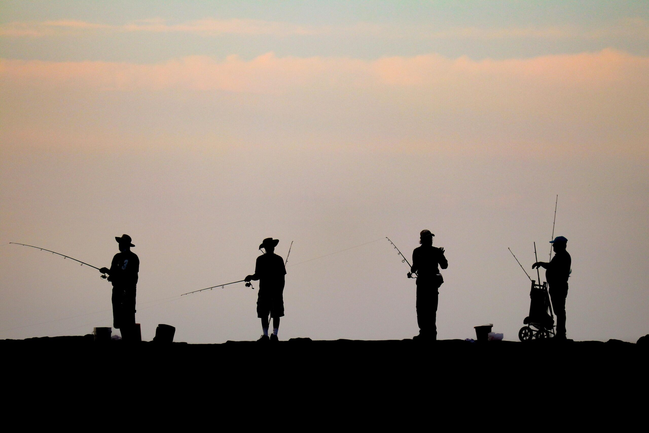 Four fishermen are captured in silhouette against a soft, pale sunset sky as they line a dark horizon. Each figure is spaced apart, holding a fishing rod and accompanied by gear like buckets and a small cart.