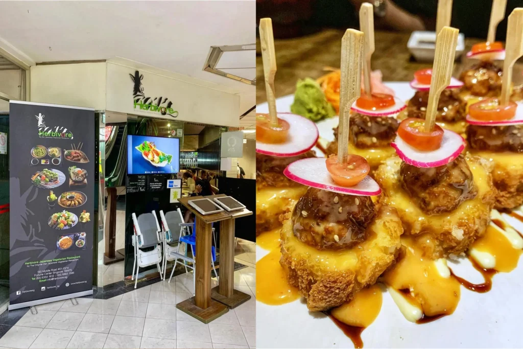 On the left, the entrance of Herbivore Japanese Vegetarian Restaurant features promotional banners, menus, and a TV display. On the right, a close-up shows skewered vegetarian sushi bites topped with radish, cherry tomato slices, and sauce.