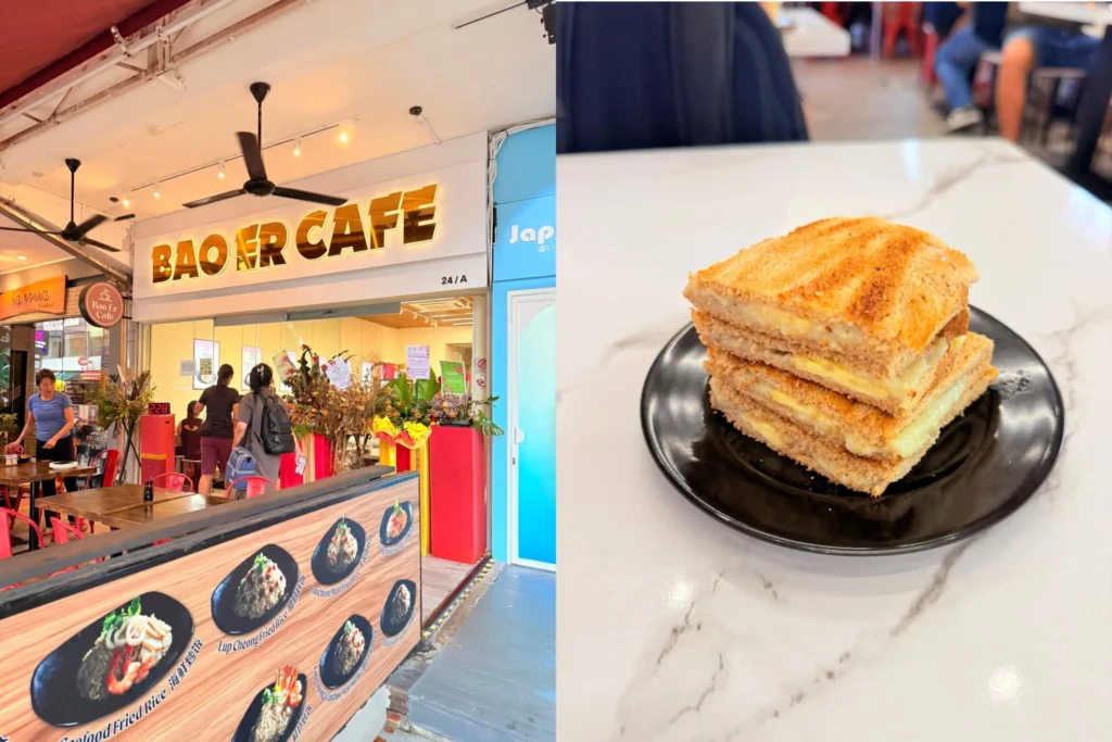 A side-by-side image shows the storefront of Bao Er Cafe with an illuminated sign and menu displays on the left. On the right, two stacked pieces of toasted kaya toast with butter slices rest on a black plate on a marble table.