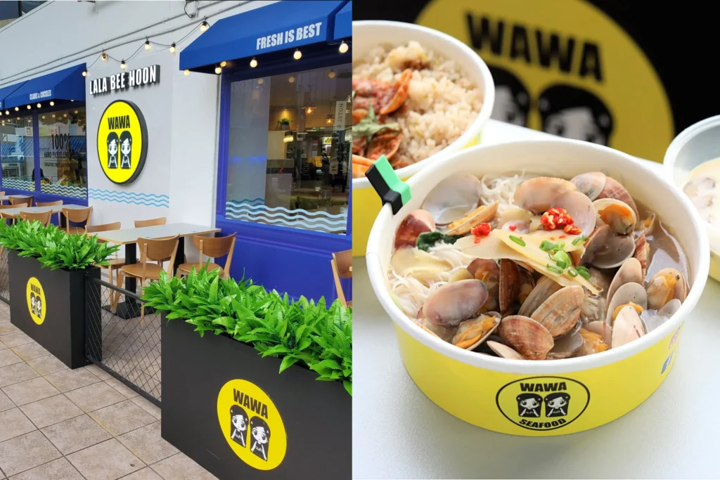 A split image shows the exterior of Wawa Seafood, a restaurant with a blue storefront, outdoor seating, and planters featuring a yellow logo. The right side displays a close-up of their lala bee hoon, a bowl of rice vermicelli soup packed with clams, sliced ginger, and red chilies.