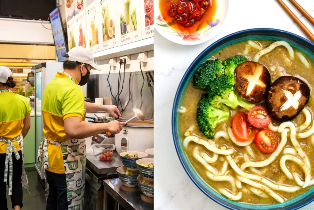 The image shows a split screen featuring a restaurant kitchen on the left and a close-up of a prepared dish on the right. On the left, a worker in a yellow shirt and patterned apron prepares food at a counter, while the right side displays a bowl of noodle soup topped with broccoli, sliced tomatoes, and shiitake mushrooms.