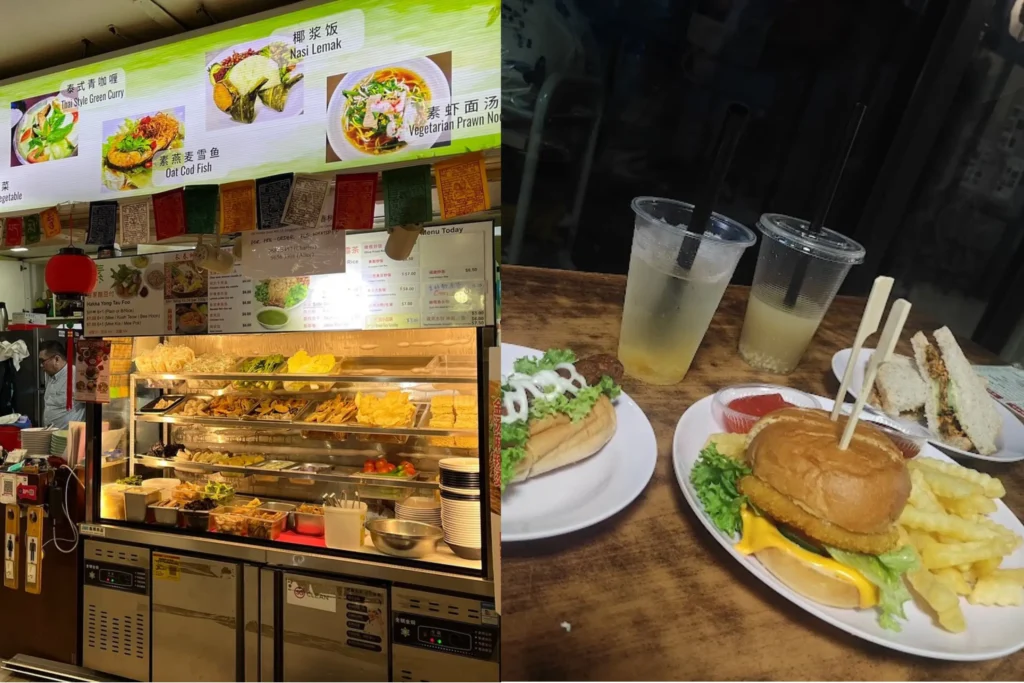 The image shows a side-by-side comparison of a vibrant food stall counter on the left and a served meal on the right. The left side features a brightly lit stall displaying a variety of fresh ingredients and a menu with dishes like Nasi Lemak, while the right side displays plates holding a burger with crinkle-cut fries, a hot dog, a sandwich, and two cold drinks with straws on a wooden table.