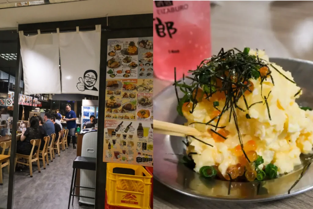 A side-by-side view shows the entrance of a busy Japanese restaurant on the left, featuring an open doorway with a white noren curtain and a detailed menu board. On the right, a close-up shot focuses on a mound of Japanese potato salad served in a metal bowl, garnished with shredded nori seaweed and salmon roe.