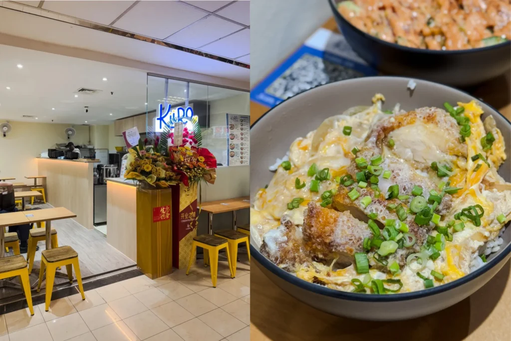 A split image displays the bright interior of a small Asian restaurant called "Kuro," decorated with celebratory floral arrangements near its glass entrance and yellow-accented seating. On the right, a close-up showcases a Japanese katsu donburi bowl featuring crispy breaded cutlets simmered with eggs and onions over rice, garnished with fresh green onions.