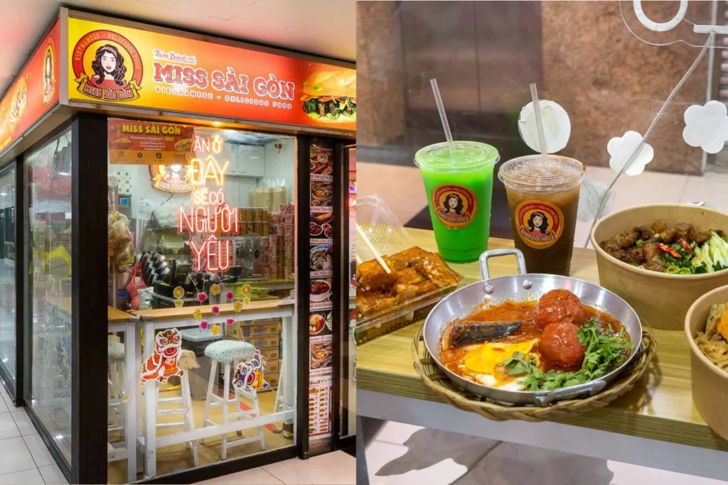 A split photo shows the storefront of a Vietnamese eatery named Miss Sài Gòn on the left, featuring glowing neon signs and a bright overhead menu. On the right, a close-up highlights a meal from the restaurant, including iced drinks, bowls of food, and a skillet filled with meatballs, fish, and eggs in sauce.