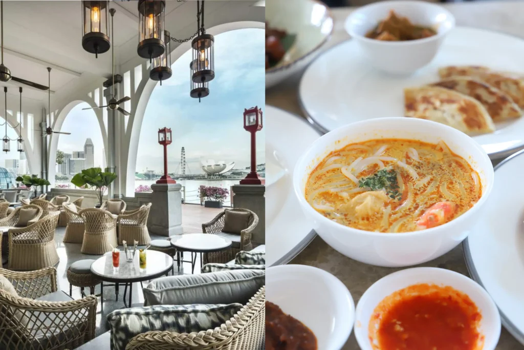 A split image showcases a luxurious open-air restaurant terrace in Singapore with wicker seating, overlooking the Marina Bay Sands area. On the right, a close-up highlights a spread of local cuisine, featuring a vibrant bowl of laksa noodle soup alongside dipping sauces and flatbread.