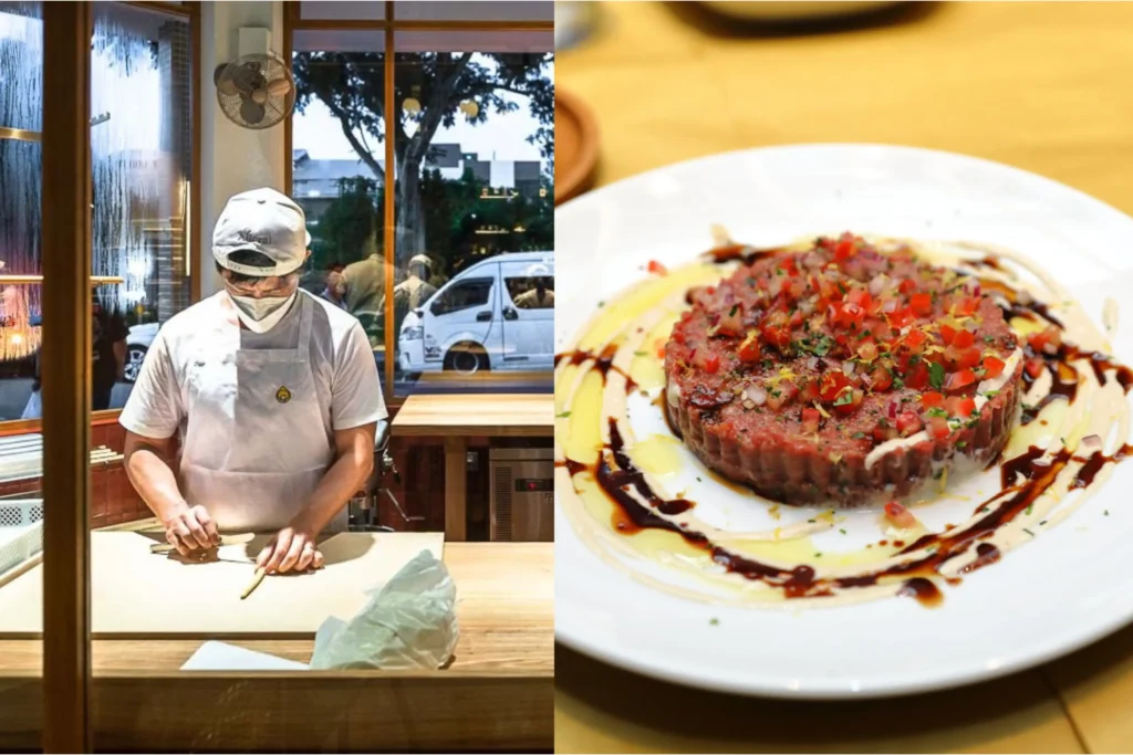 The image is a split composition showing a chef preparing food on the left and a finished dish on the right. On the left, a chef wearing a white cap, apron, and face mask shapes dough at a wooden counter, while the right side features a round tartare dish beautifully plated with sauces and diced tomatoes.