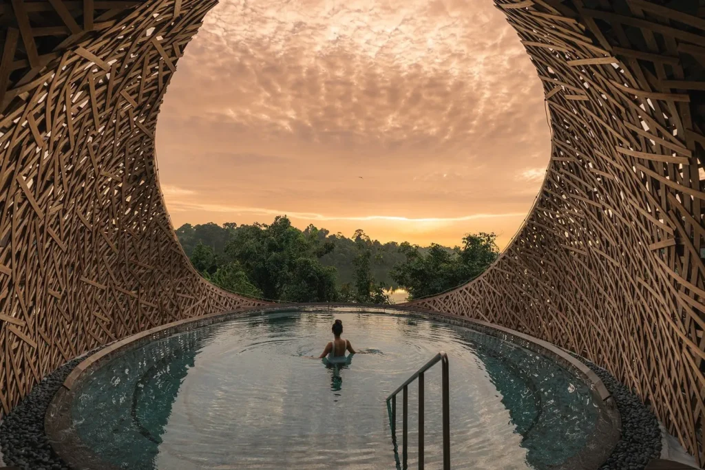 A person stands in a circular infinity pool framed by an intricate, nest-like wooden structure that overlooks a lush forest. The scene is set against a vibrant sunset sky filled with soft, textured clouds.