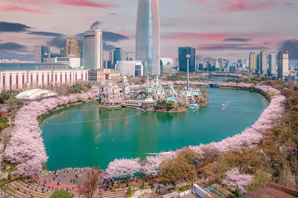 This high-angle view captures the vibrant Lotte World Magic Island in Seoul, surrounded by the bright pink cherry blossoms circling Seokchon Lake. The towering Lotte World Tower dominates the background skyline under a soft, pink-tinted sunset sky.