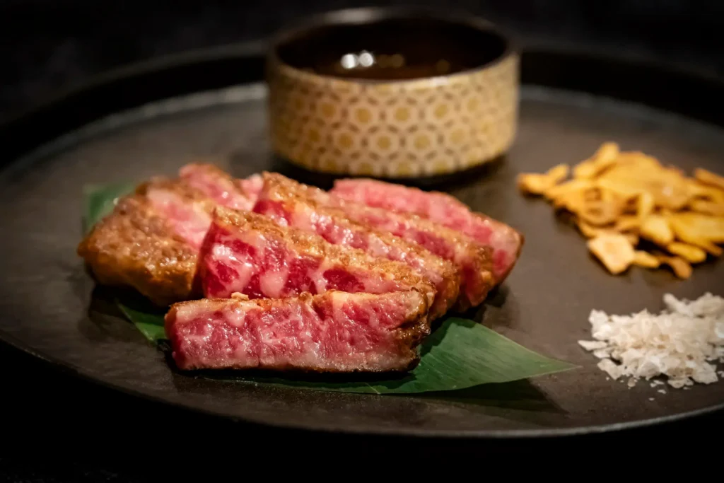 Slices of seared Wagyu beef with intense fat marbling are presented on a green leaf atop a dark plate. The dish is accompanied by a small bowl of sauce, crispy fried garlic chips, and a pile of flaky sea salt.