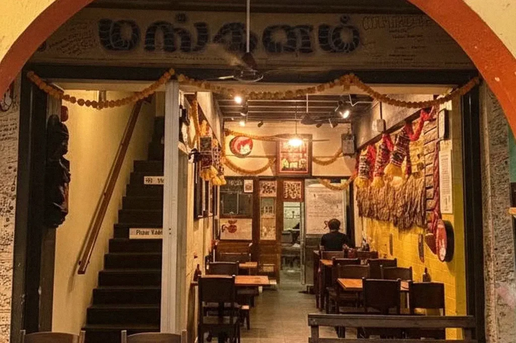 Entrance to a cozy restaurant with a warmly lit interior, wooden tables, decorative garlands, and walls covered with colorful artwork and hanging dried decorations.