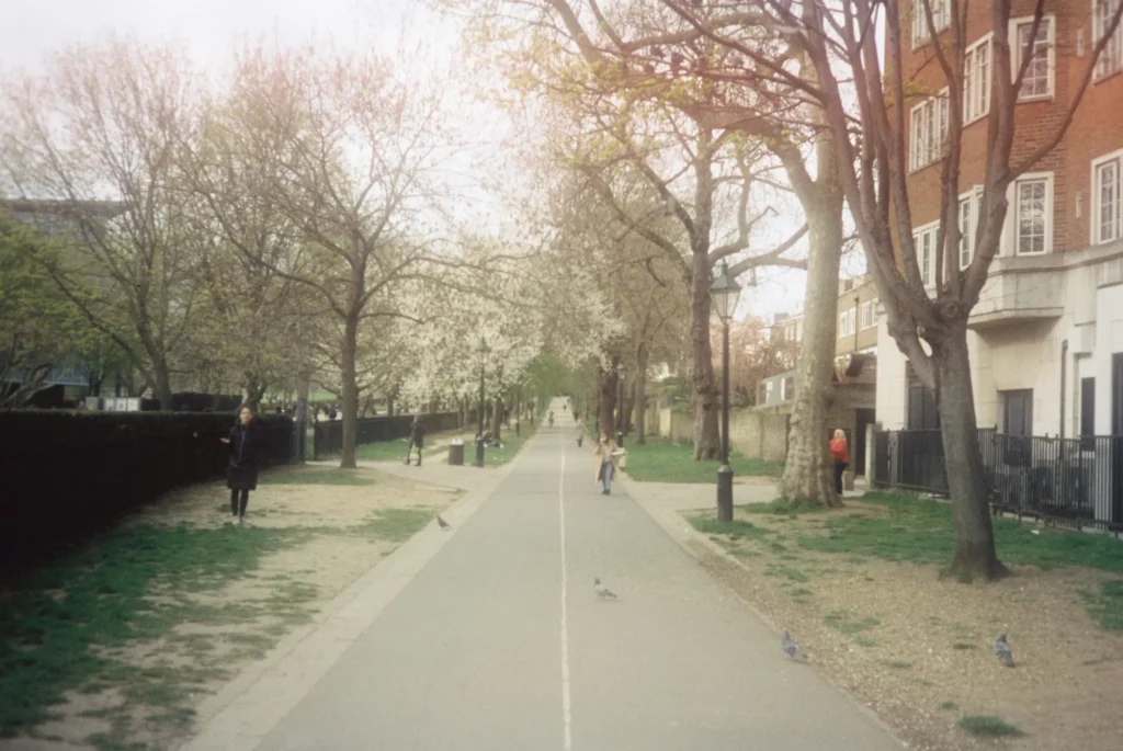 A straight asphalt path stretches forward, lined with large, leafy trees and a few pedestrians strolling through a park-like setting. To the right stands a multi-story brick building with white-framed windows, captured in a soft, vintage film style.