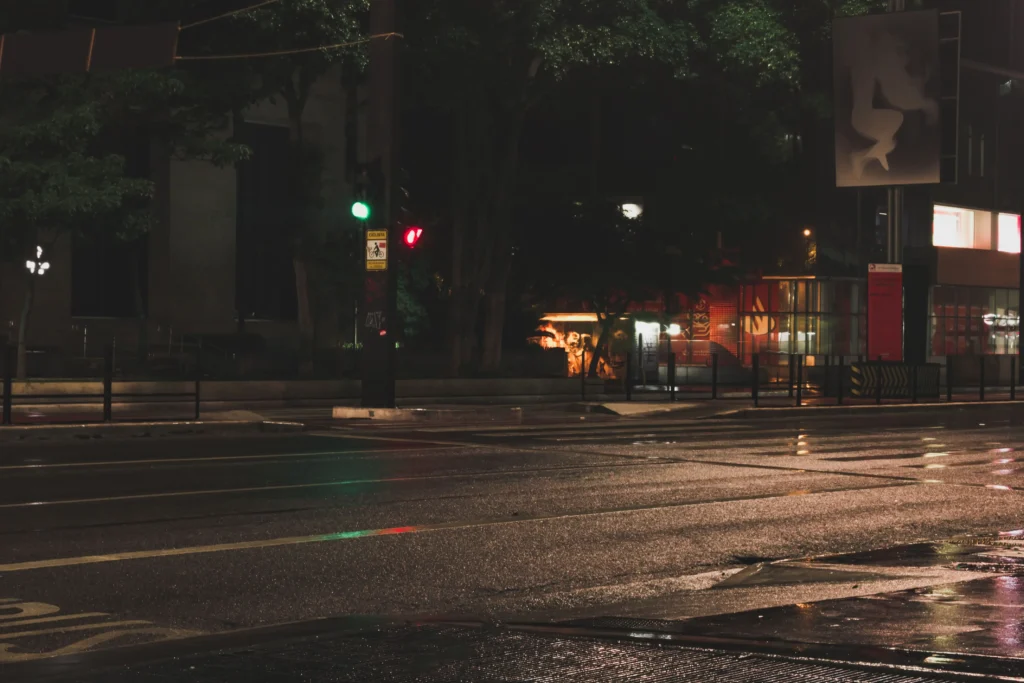 A wide city street at night is shown wet and gleaming from a recent rain, reflecting the ambient streetlights and building glows. In the background, lush green trees and urban architecture frame a quiet intersection complete with a traffic signal displaying both green and red lights.