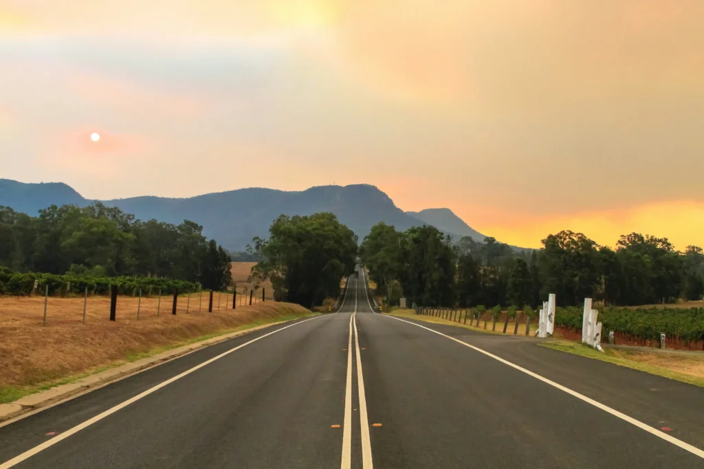 A long two-lane paved road stretches forward through lush green farmland and vineyards toward mountains in the background. The glowing pale sun sets behind distant ridges, filling the hazy sky with warm orange and yellow tones.