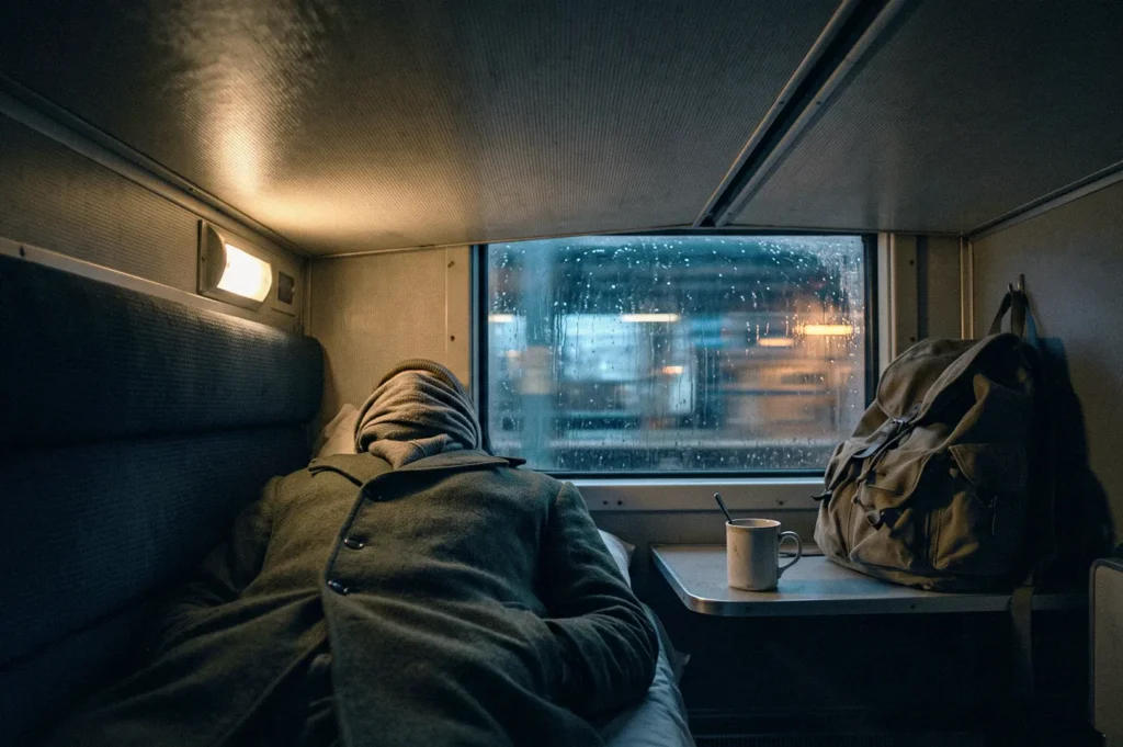 A passenger rests inside an overnight train compartment, lying beneath a blanket beside a rain-speckled window, with a backpack and cup of coffee on the table.