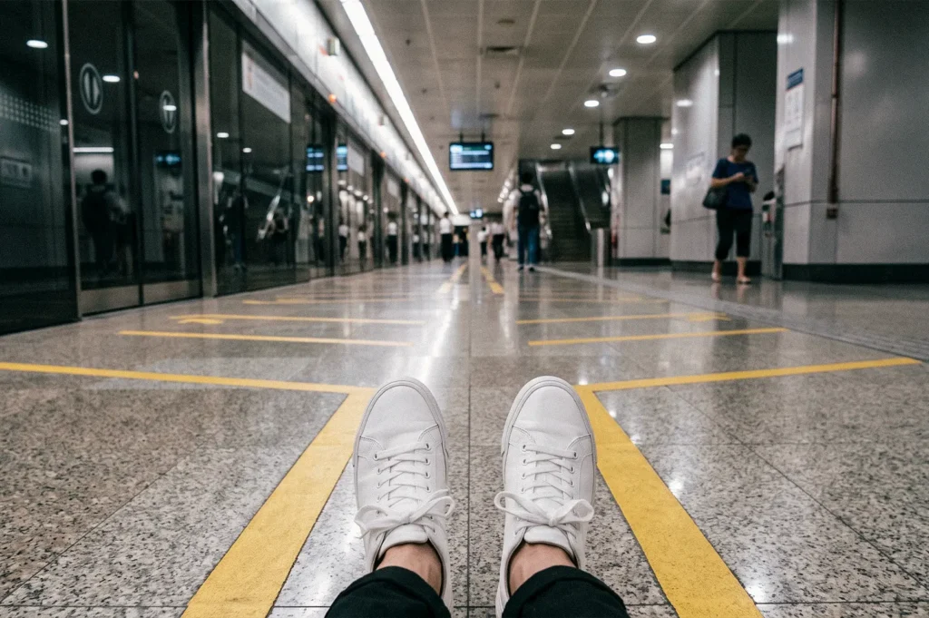 A person’s white sneakers rest on the floor of a modern train station, beside yellow directional lines leading down a long corridor.