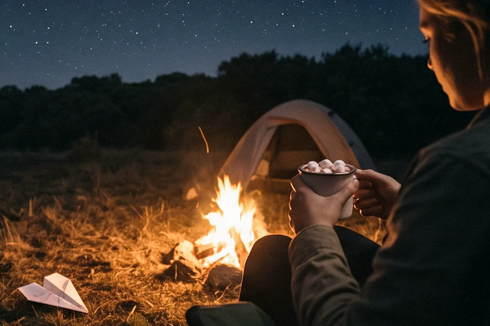 Person sitting beside a campfire at night, holding a bowl of marshmallows with a tent and starry sky in the background.