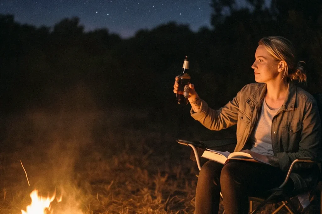 Woman sitting in a folding chair beside a campfire at night, holding a bottled drink and an open book under a starry sky.