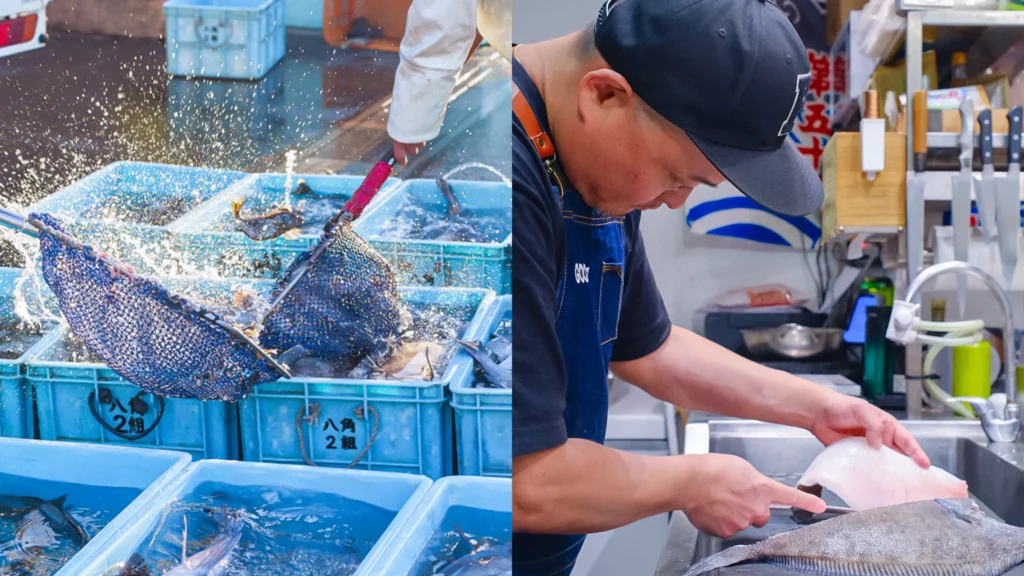 Fresh Japanese fish being handled at Araya Shouten, showing the careful preparation process behind its premium seafood.