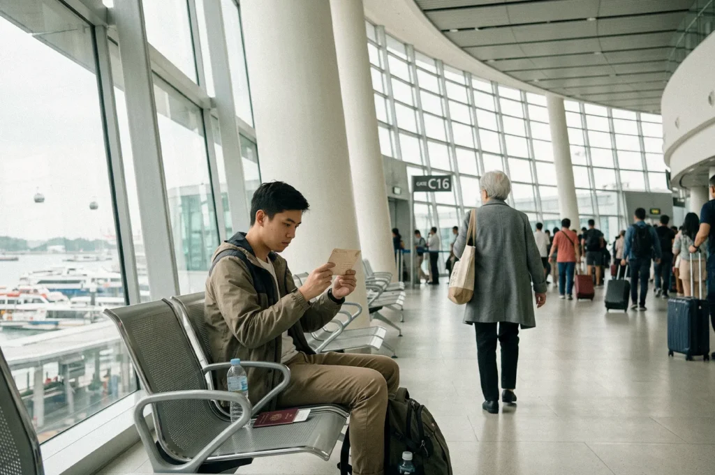Traveler sitting at an airport gate reading a postcard, with a passport and luggage beside him and passengers waiting in the background.