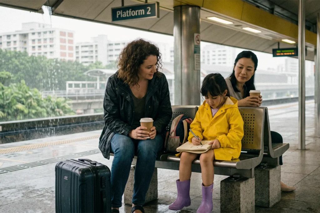A family waits on a rainy train platform, with a child in a yellow raincoat writing in a notebook while two adults hold takeaway coffee and luggage.