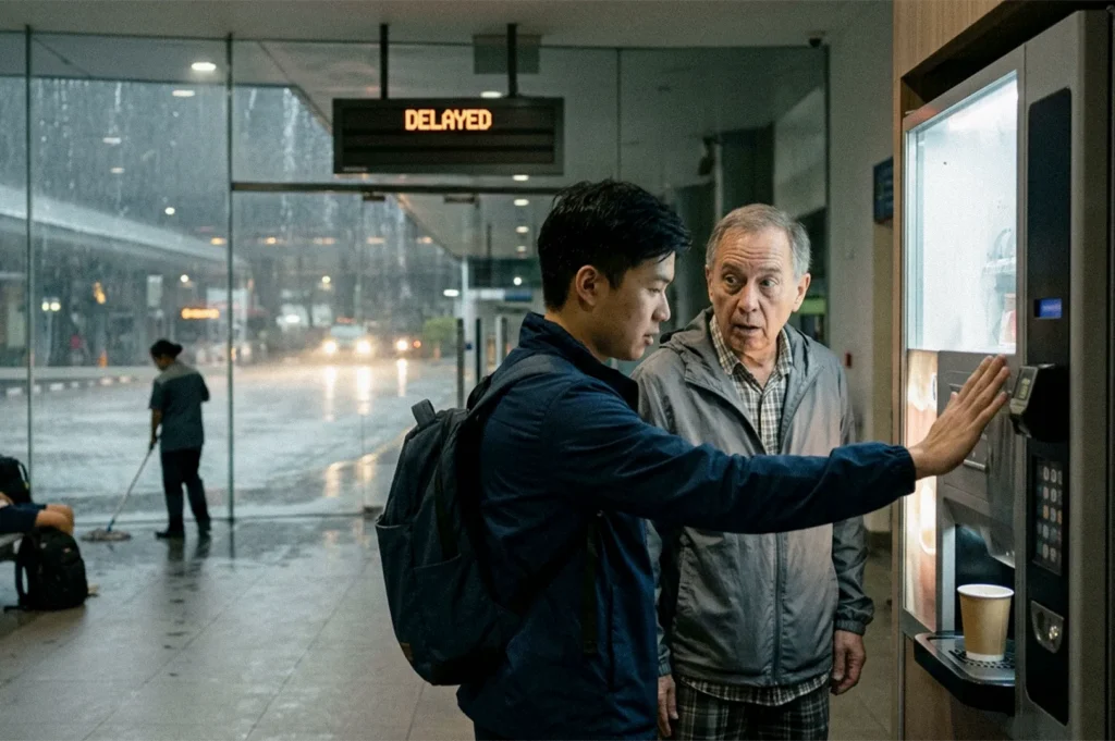 Two men standing at a vending machine inside a rainy transit terminal, with one man operating the machine as a delayed departure sign hangs above.